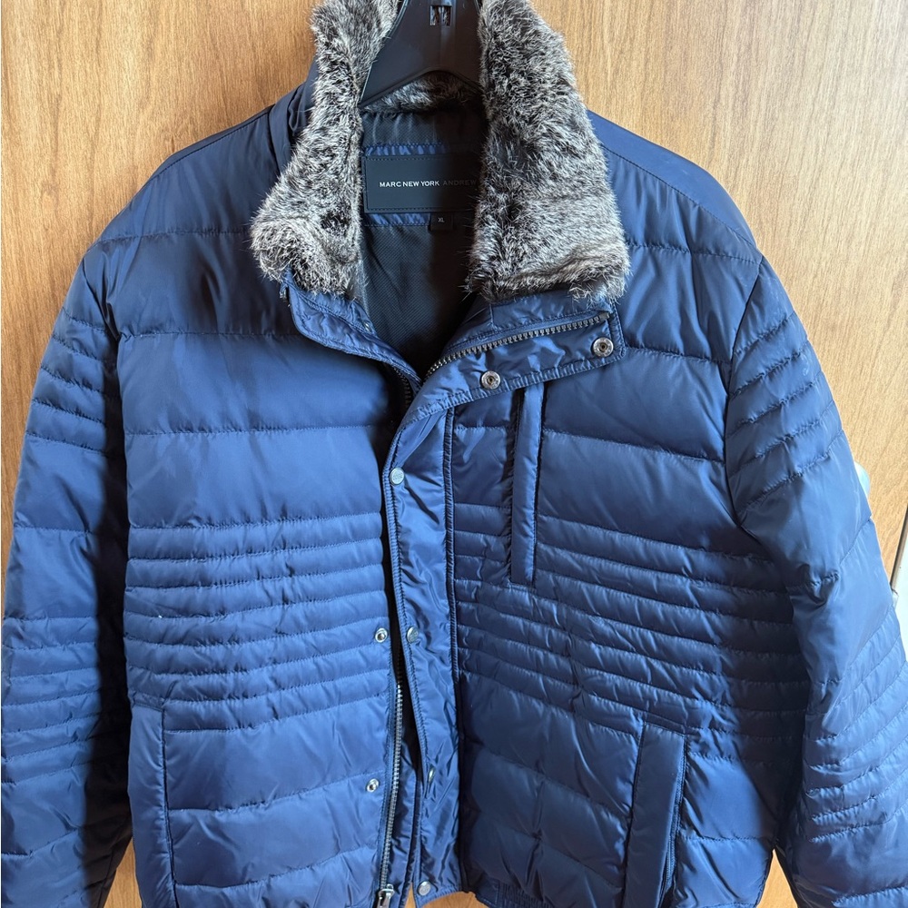 Navy Puffer Jacket with Faux Fur Collar
